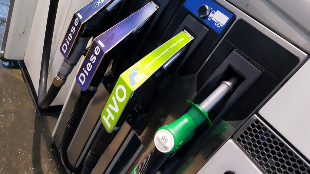 4 different fuel nozzles such as Diesel and HVO at a gas station