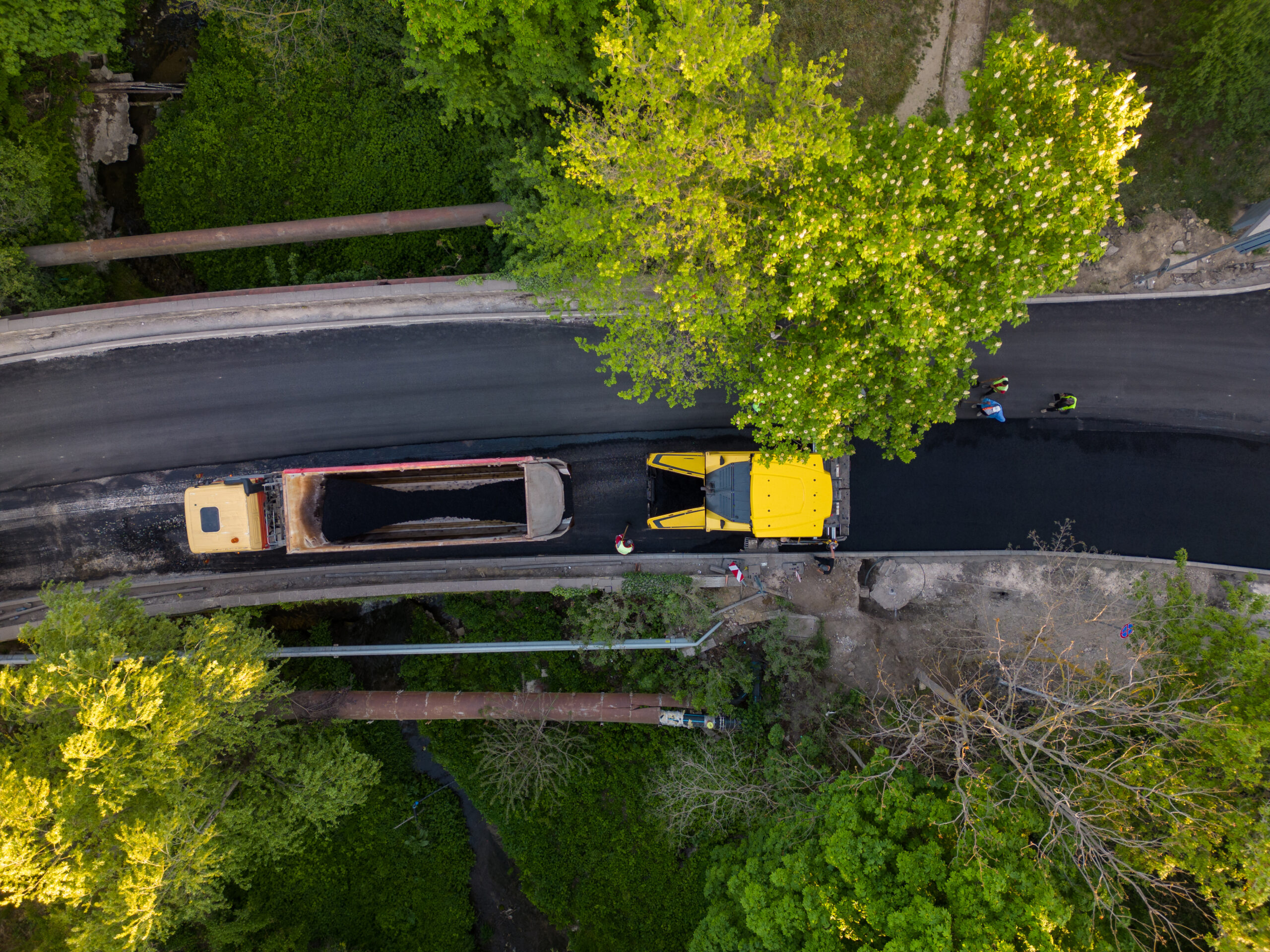 A car and a fuel tanker driving on the main road surrounded by trees